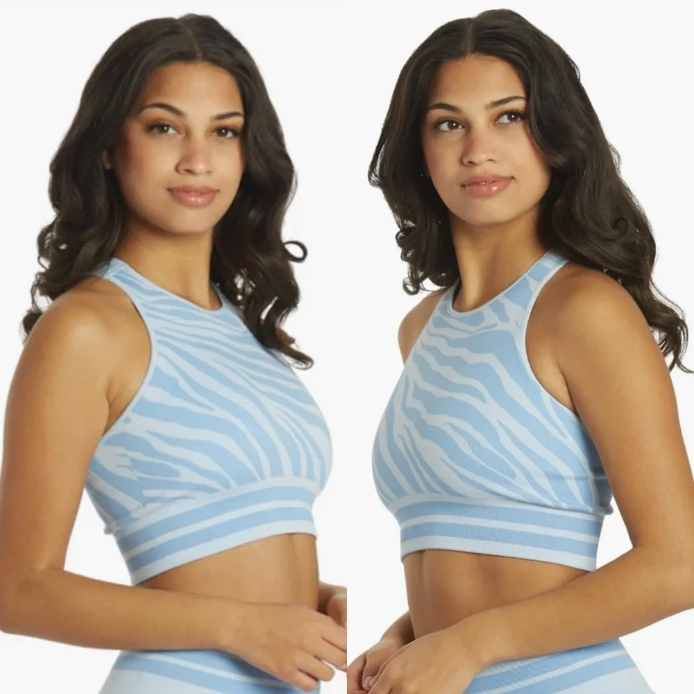 Spiritual Gangster High Neck Jacquard Bra, Light Blue Zebra Crop Bralette, S/XS
